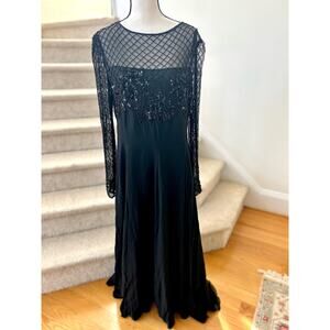 Vintage Jovani Black Silk Beaded Floral Illusion Full Length Maxi Gown